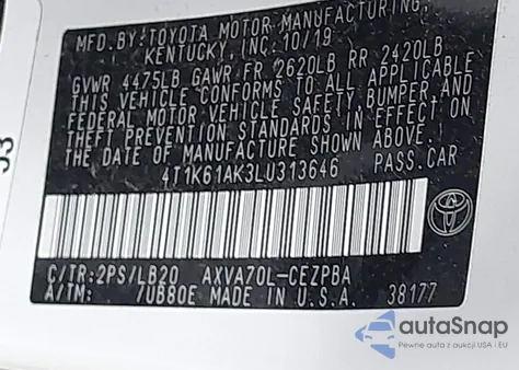 2020 Toyota Camry Xse from USA, damaged, VIN 4T1K61AK3LU313646